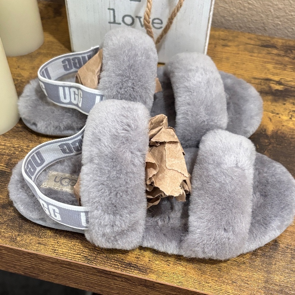 UGG Kids Gray Fluffy Slide Sandals